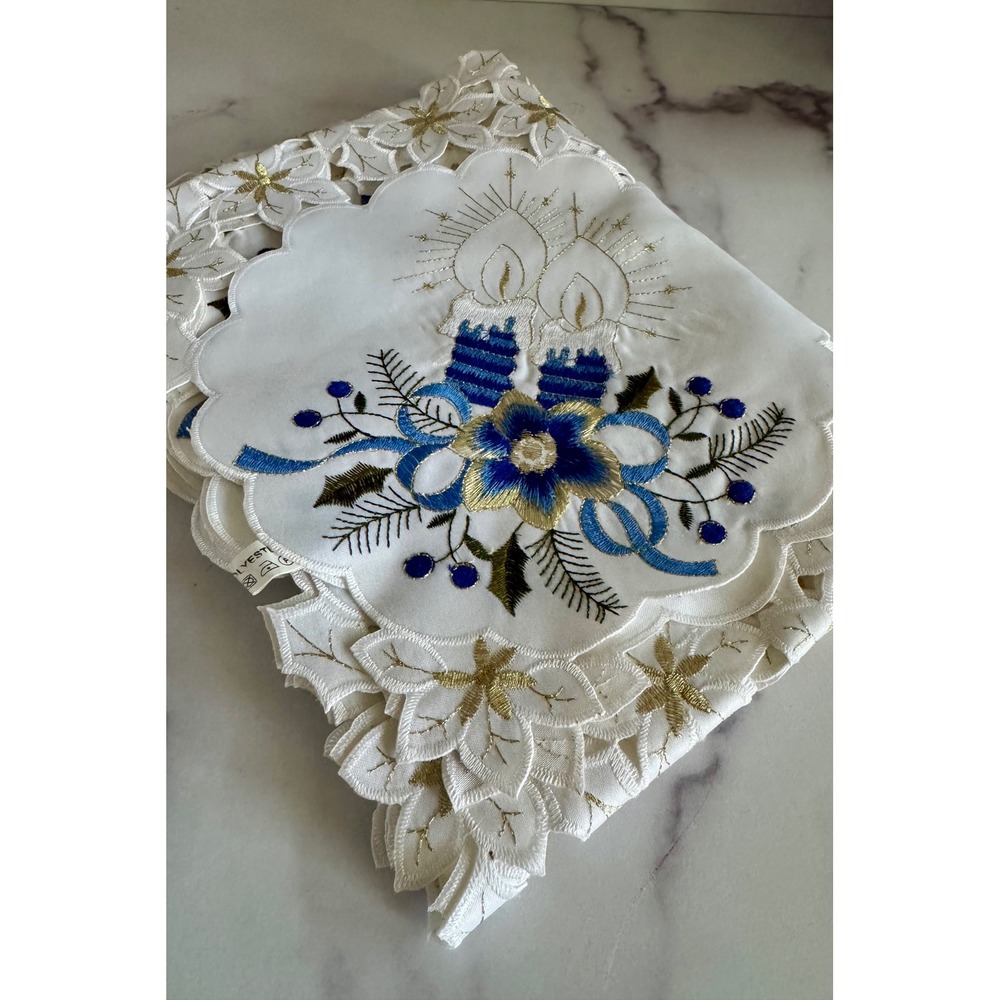 Vintage Embroidered Linen Table Topper Blue Gold Centerpiece 33"x33" square
